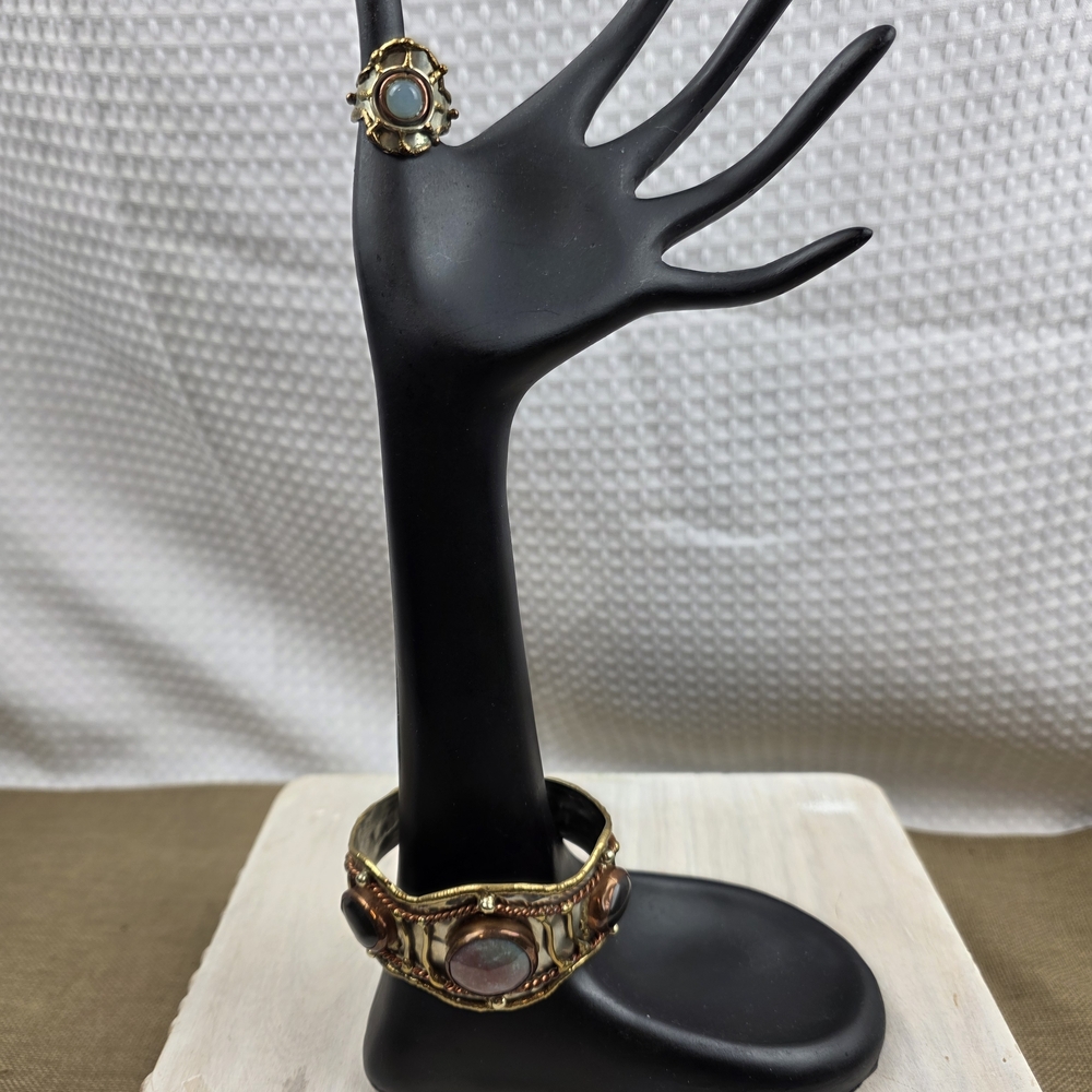 Mixed Metals Natural Stone Brutalist Cuff Braclet and Ring